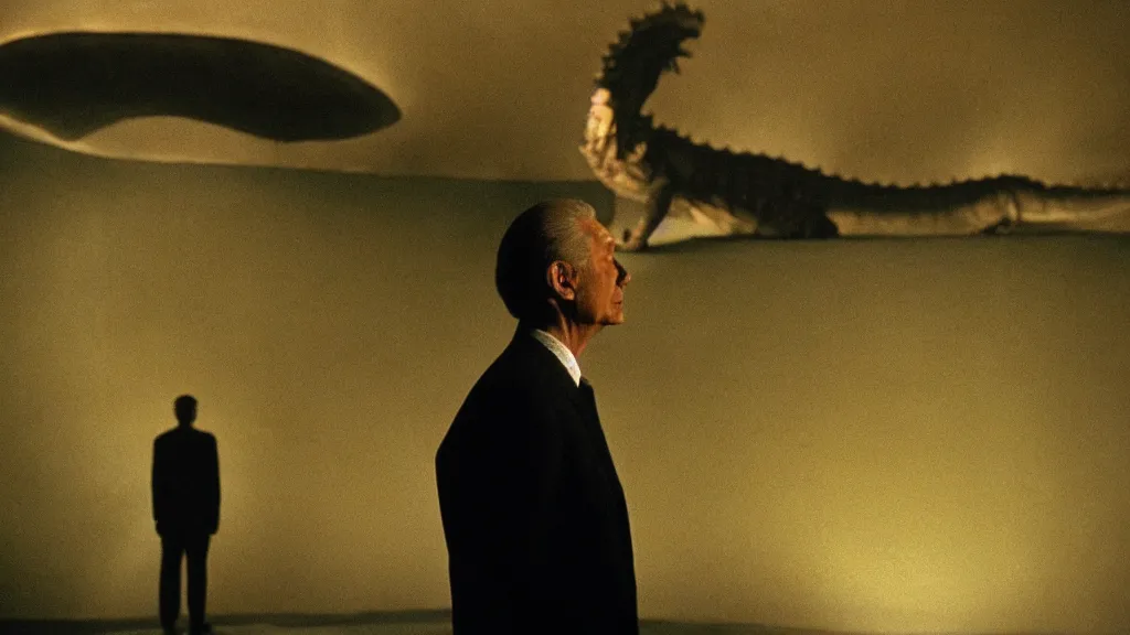 Image similar to a man listening to a reptilian humanoid, reptoids, archons, saurians, draconians, reptile, reptilian, draconian, movie still, cinematic composition, cinematic light, criterion collection, reimagined by industrial light and magic, Movie by David Lynch and Ridley Scott