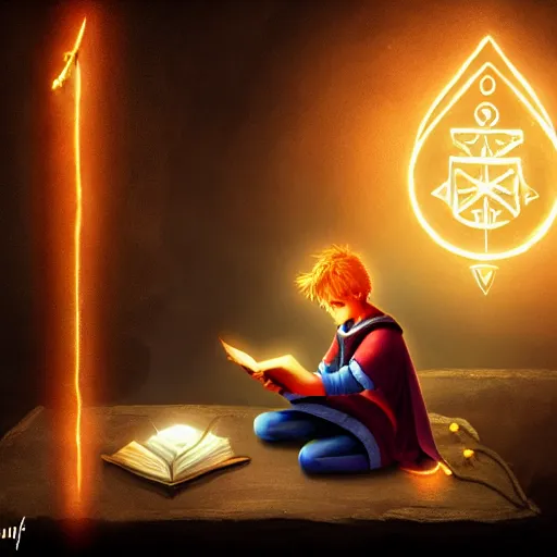 Prompt: A young wizard reading a spell book at a desk, as he reads the words runes float in the air. Magic, orange lighting, flux. High fantasy, digital painting, HD, 4k, detailed.