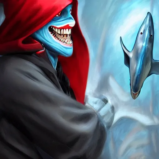 Image similar to ultra realistic illustration, man with black hair with a black mask, in a hood in the form of a blue shark with white teeth, red and blue eyes, mysterious, poker man, highly detailed, digital painting, artstation, concept art, smooth, sharp focus, illustration, art by artgerm and greg rutkowski and alphonse mucha