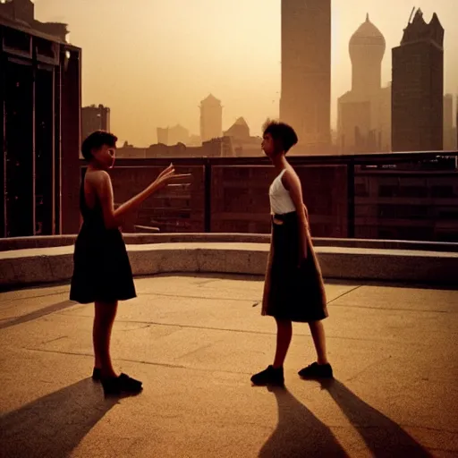 Image similar to a small rooftop with a couple of modern teenagers, standing and talking to each other, highly detailed, wearing black modern clothes, modern shanghai bund is on the background, dust, sunset, by gregory crewdson