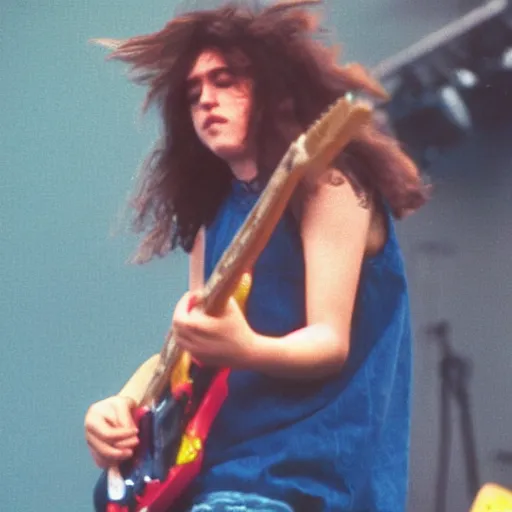 Prompt: 1 9 - year - old girl or boy with shaggy, unkempt, permed hair, double denim, headbanging, playing electric guitar, heavy rock concert, grunge rock, 1 9 9 2 live at lollapalooza, vhs quality
