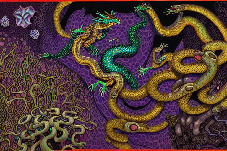 Image similar to a detailed digital art painting of a cyberpunk magick oni dragon with occult futuristic effigy of a beautiful field of mushrooms that is a adorable leopard atomic latent snakes in between ferret biomorphic molecular hallucinations in the style of escher, alex grey, stephen gammell inspired by realism, symbolism, magical realism and dark fantasy, crisp,