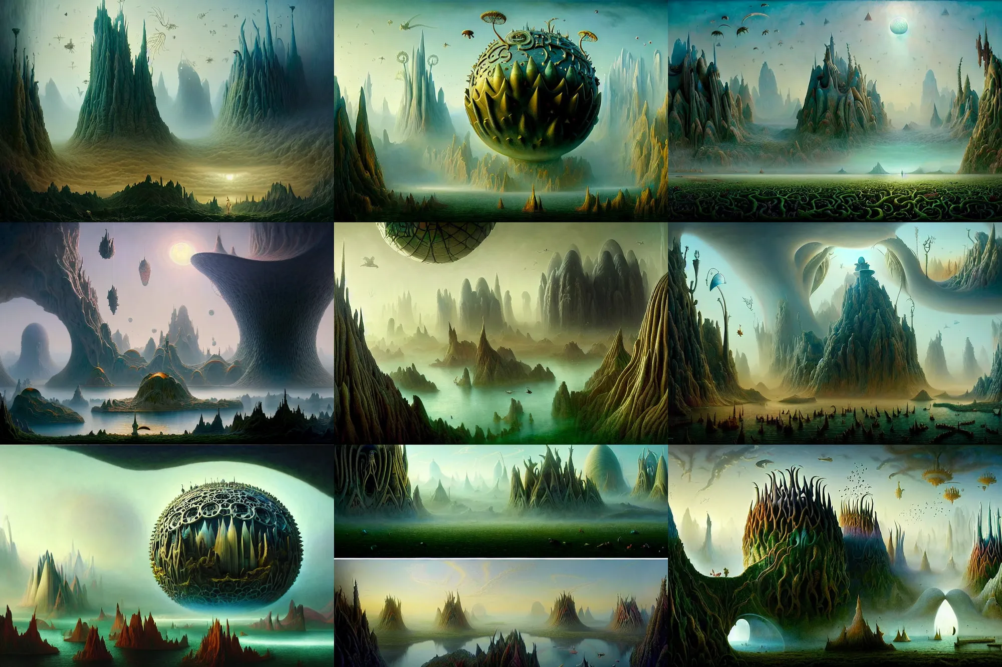 Prompt: a beautiful epic stunning amazing and insanely detailed matte painting of alien dream worlds with surreal architecture designed by Heironymous Bosch, mega structures inspired by Heironymous Bosch's Garden of Earthly Delights, vast surreal landscape and horizon by Greg Rutkowski and Asher Durand and Artgerm, rich pastel color palette, masterpiece!!, grand!, imaginative!!!, whimsical!!, epic scale, intricate details, sense of awe, elite, fantasy realism, complex composition, 4k post processing