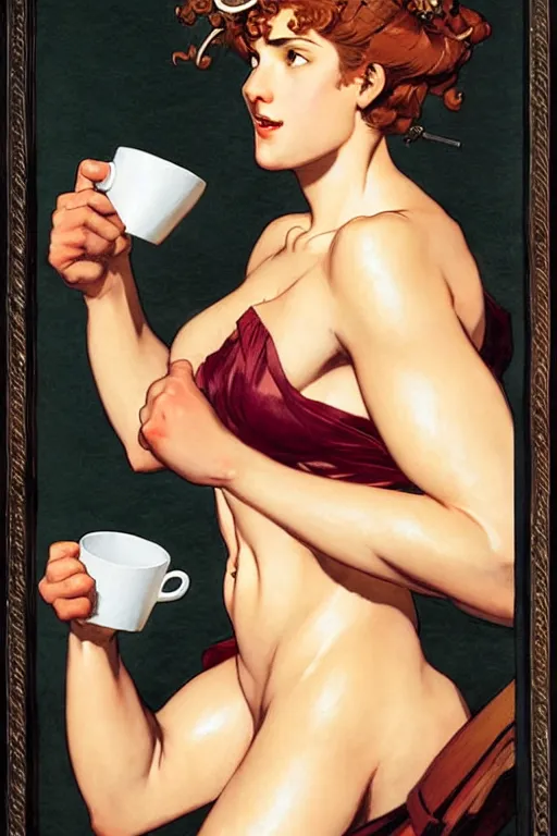 Image similar to attractive hercules played as a woman drinking coffee, painting by j. c. leyendecker, yoji shinkawa, katayama bokuyo