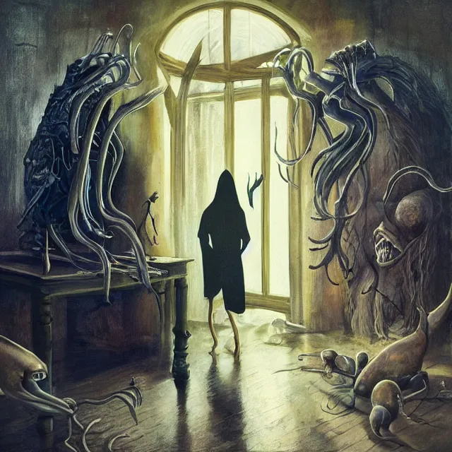 Prompt: a strange creature greeting a female explorer in a dining room, haunted house, masterpiece, grasping pseudopods, rhads!!!, magical realism, urban fantasy, a hooded figure, a fierce woman, ( h. r. giger )