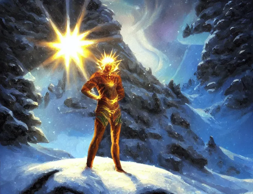 Prompt: sun priest of the snowy mountains. oil painting by underground comic book artist, chiaroscuro, bokeh, backlighting, field of depth, safe for work