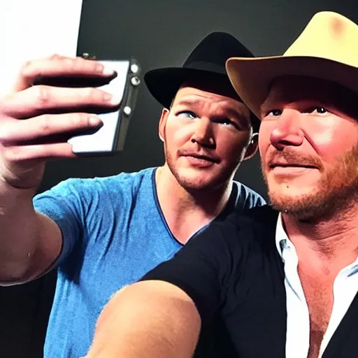 Image similar to chris pratt as indiana jones taking a selfie with an older harrison ford, instagram, cinematic