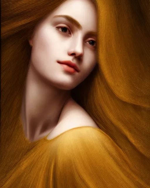 Image similar to realistic portrait of a mysterious woman made of gold in silky clothes with long golden hair, detailed, 1 4 5 0, delicate, hyper realism, ultra realistic, 8 k