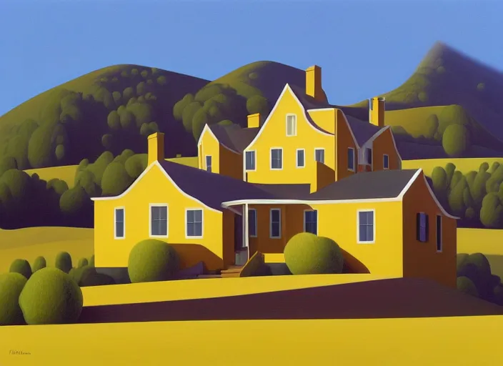 Prompt: a yellow manor on a hill, evening, summer, painting by kenton nelson