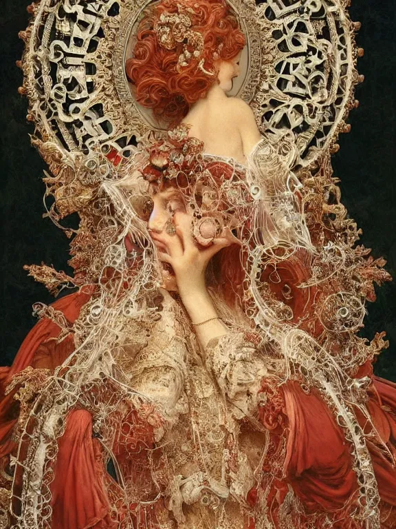 Image similar to a beautiful render of baroque catholic veiled the red queen sculpture with symmetry intricate detailed,crystal-embellished,by Lawrence Alma-Tadema, peter gric,aaron horkey,Billelis,trending on pinterest,hyperreal,jewelry,gold,intricate,maximalist,golden ratio,cinematic lighting