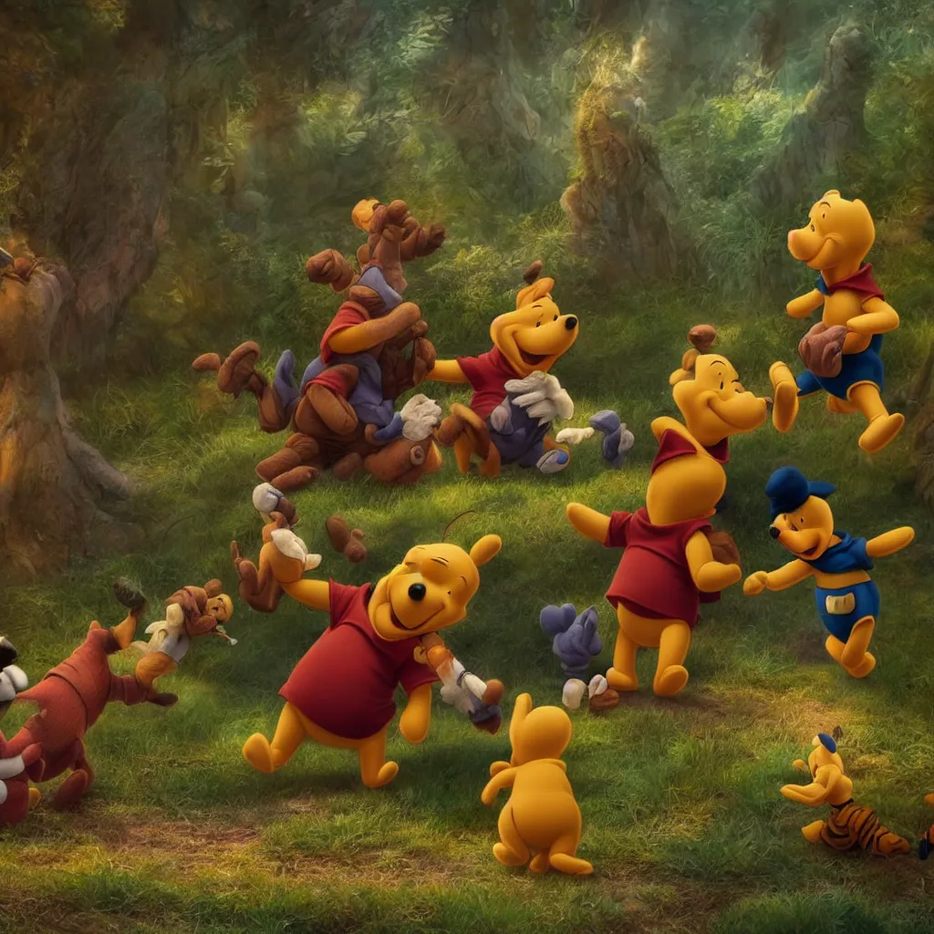 Image similar to epic finale scene of winnie the pooh being subdued by goofy and donald duck, highly detailed, volumetric lighting, epic light, cinematic, ultra detailed, by Leesha Hannigan, Ross Tran, Thierry Doizon, Kai Carpenter, Ignacio Fernández Ríos