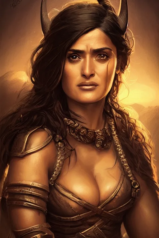 Image similar to portrait, Salma Hayek , barbarian , face portrait, raphael lacoste, eddie mendoza, alex ross, concept art, matte painting, highly detailed, rule of thirds, dynamic lighting, cinematic, detailed, denoised, centerd