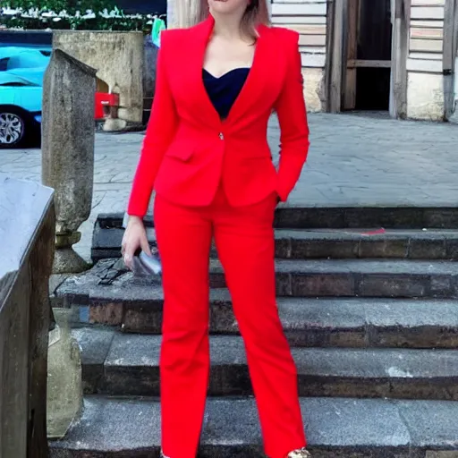 Prompt: a lithuanian celebrity ingrida simonyte in red suit