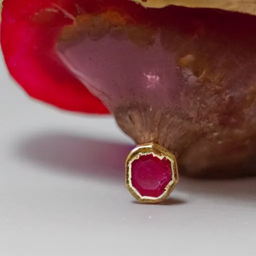 Image similar to a cut ruby gemstone in the shape of a mushroom, high detail