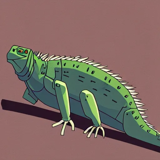 Prompt: a study of cell shaded cartoon of a grey robot iguana from howl's moving castle ( 2 0 0 4 ) on a desert road, full body, wide shot, very muted colors, post grunge, studio ghibli, laurie greasley, highly detailed, deviantart, art by artgem