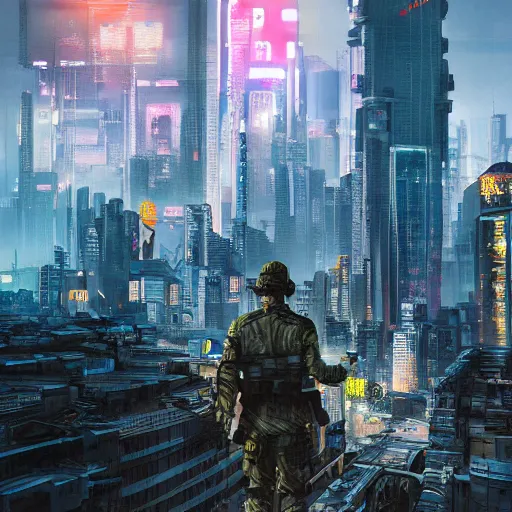 Prompt: Neon city, soldier standing on roof of large building, looking over city, Sergey Zabelin, cyberpunk, high detail, photo realistic, art station