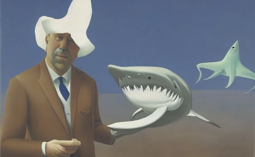 Prompt: oil painting by magritte of watson and the shark.