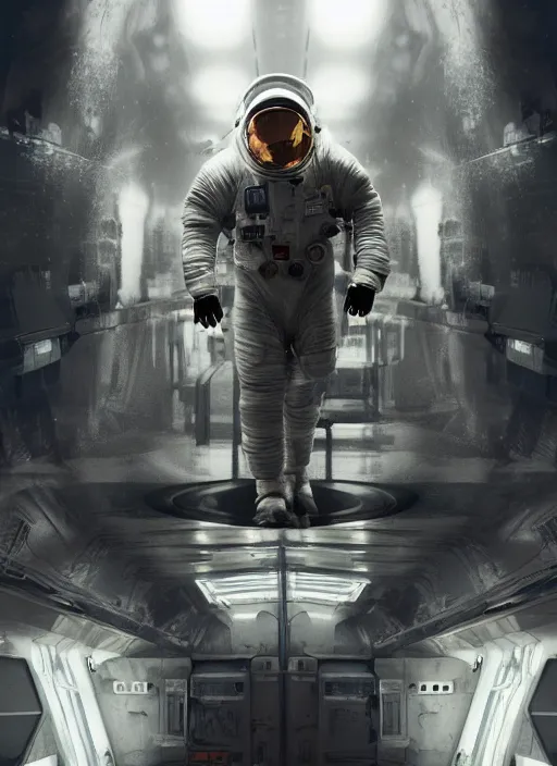 Image similar to cgi poster art by craig mullins astronaut in futuristic dark and empty spaceship underwater. infrared glowing lights. complex and hyperdetailed technical suit. reflection and dispersion materials. rays and dispersion of light. volumetric light. 5 0 mm, f / 3 2. noise film photo. flash photography. octane render. interstellar movie poster