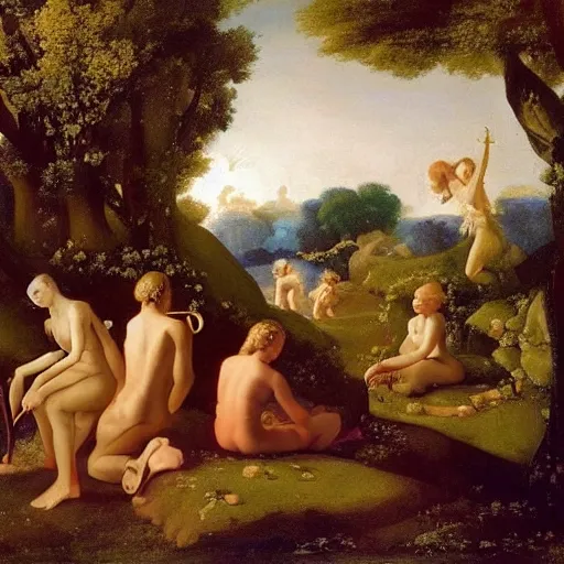 Image similar to ethereal landscape, elves, fauns, musicians, claude poussin