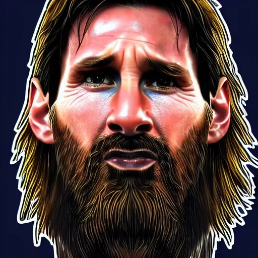 Prompt: Close-up portrait of Lionel Messi, long silver hair with a long beard, big nose, wearing a barca cape, katsuhiro tomo, pixel art