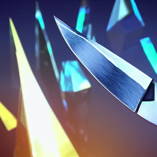 Prompt: small knife made from shards of vibrant crystal, light refraction, photorealistic, ultra high definition, cinematic, crisp shadows, octane, 8k unreal engine foreground focus, cryengine, blender, macro shot