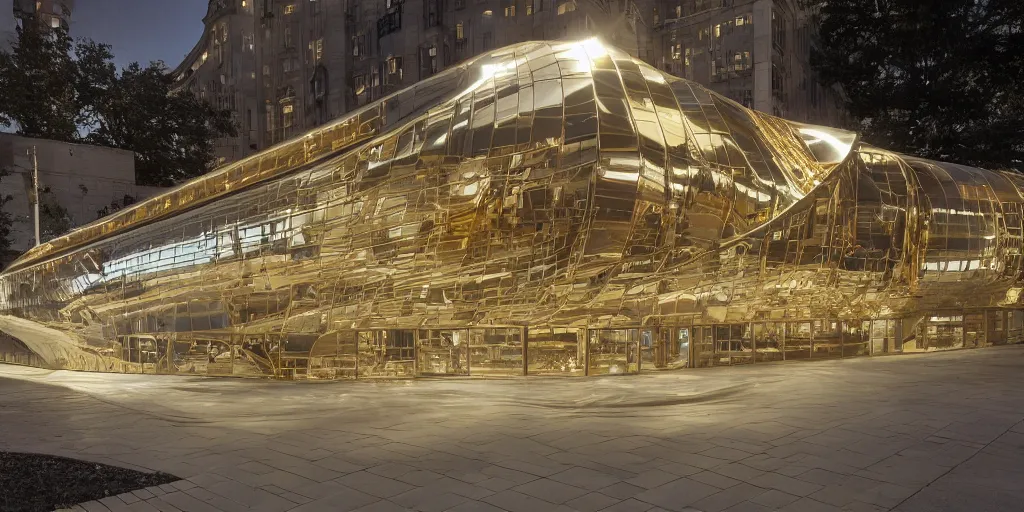 Image similar to wide angle photo of futurist building made from reflective nickel chrome with copper and gold. inspired by 1 9 2 0 locomotive. late evening with reflective pool and glowing lights. bella hadid. highly reflective and shiny. frank loyde wright
