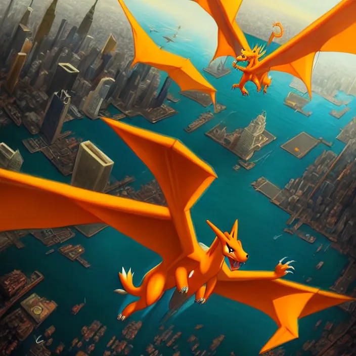 Image similar to charizard flying above new york, epic professional digital art, best on artstation, cgsociety, wlop, behance, pixiv, cosmic, epic, stunning, gorgeous, much detail, much wow, masterpiece by dorian cleavanger and stanley lau