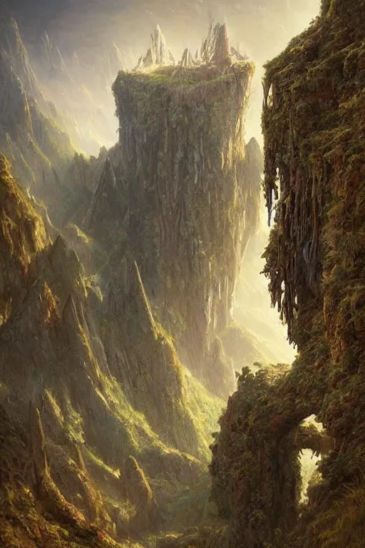 Image similar to amazing concept painting, by Jessica Rossier and HR giger and Beksinski, Rivendell, elvish and greek fortress overlooking a valley, terraces, hallucination, garden of eden