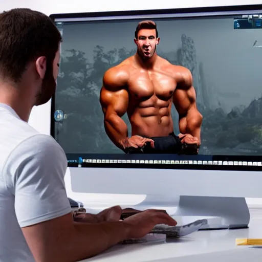 Image similar to a chad. muscular. godlike. using a computer.