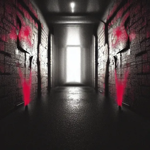 Image similar to photograph of an extremely dark narrow hallway with glowing humanoid monster made out of tv static, dark deep black shadows, red and black color contrast in the style of trevor henderson, liminal space, 3 d octane render, glitch effect