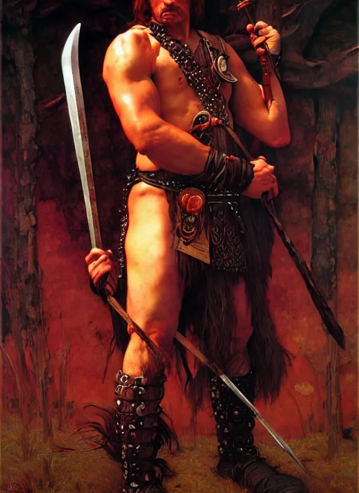 Image similar to barbarian, full body, dnd character art portrait, dramatic lighting, vivid colors by edgar maxence and caravaggio and michael whelan.