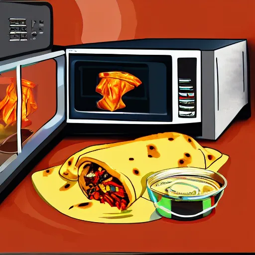 Prompt: secretary heating a burrito in the office staff room microwave, digital art, highly detailed, epic composition