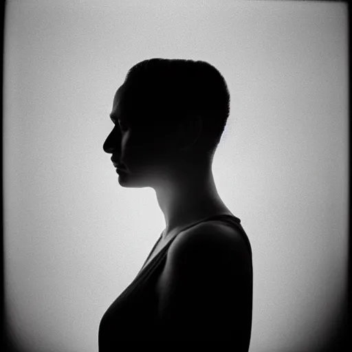 Image similar to backlit portrait in a darkroom, black and white photography