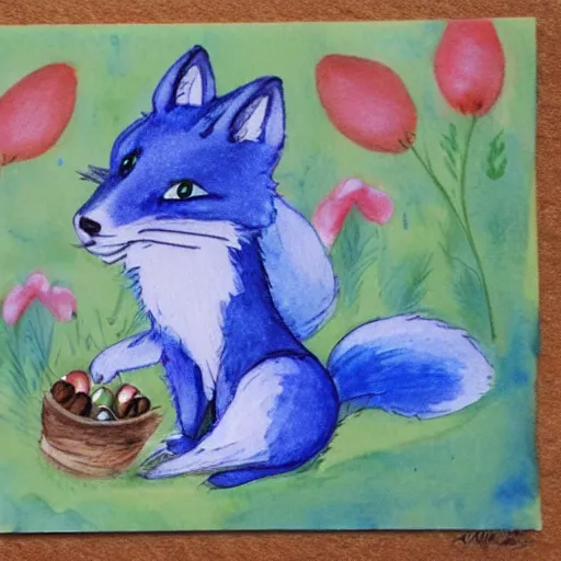 Image similar to a blue tailed fox searching for easter eggs, cute aquarel