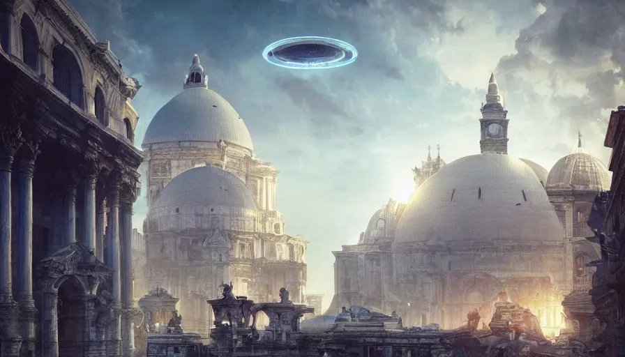 Image similar to a giant alien ufo high tech spaceship eerily hovering on italy venice city landscape with beautiful temples by greg rutkowski, artgerm, ross tran, magali villeneuve, intricate, time travel theme, audince in awe, spectacle, audience sorrounding, award winning, octane render, masterpiece, 8 k, beautiful