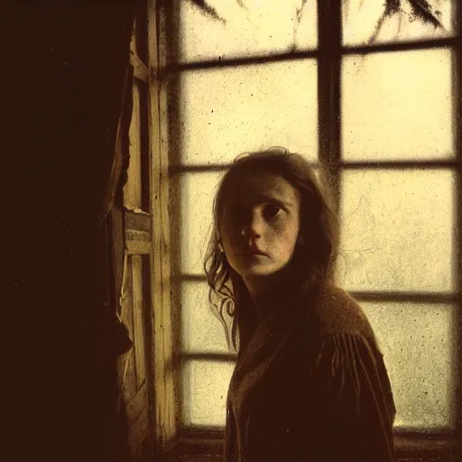 Image similar to portrait bust of young woman, tired expression, faded color film, russian cinema, tarkovsky, kodachrome, inside old cabin, next to window, heavy forest outside, long brown hair, old clothing, heavy fog, brown color palette, hudson river school, 4 k, dramatic lighting, greg rutkowski