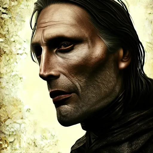 Image similar to mads mikkelsen as a vampire, male, late - 4 0 s aged, shoulder length hair, slicked black hair, red eyes, clean shaven, wearing a cape, regal, royal, grim facial expression, high medieval fantasy, full color digital art, concept art, wide shot.