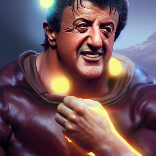 Image similar to stallone as happy potatoe, by ilya kuvshinov, rtx rendering, octane render 1 2 8 k, maya, extreme high intricate details by tom bagshaw, medium shot, close up shot, composition by sana takeda, lighting by greg rutkowski