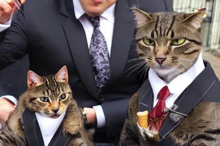 Prompt: cats in suits smoking cigars together