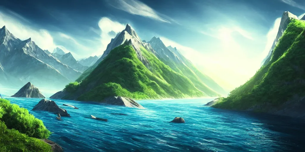 Image similar to concept art, beautiful nature, sunny day, sunshine lighting high mountains, which are higher than white fluffy clouds with green trees on top, a small wooden bridge connecting two mountains, ocean beneath the mountains with clear blue water, whales showing from the waves, cinematic, 8k, highly detailed