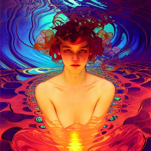 Prompt: transcendent mind bending indigo waves of glossy psychedelic liquid honey flowing like kaleidoscopic translucent amber, lsd waves, honey ripples, enlightenment, dramatic professional lighting, refracted sunset lighting, highly detailed, concept art, art by collier, albert aublet, krenz cushart, artem demura, alphonse mucha