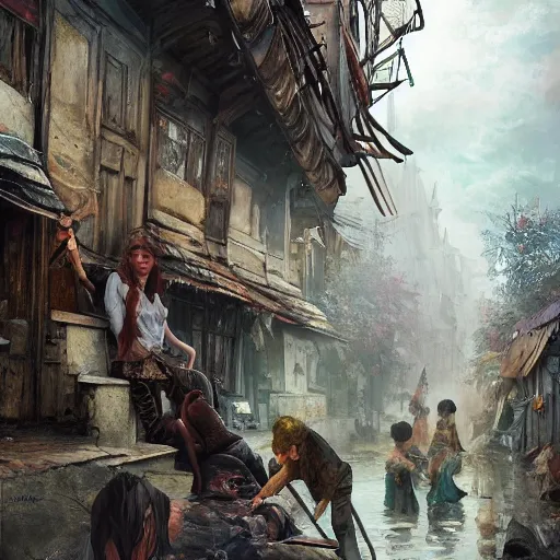 Image similar to artgerm, ilya yefimovich repin style as slum neighborhood in lord of the ring world, fantasy, photorealistic content, hyperrealistic content, high definition content, intricate, delete duplicate content, justify content center, left align, right align, ultra detailed content, ultra realistic face structure, rgb color