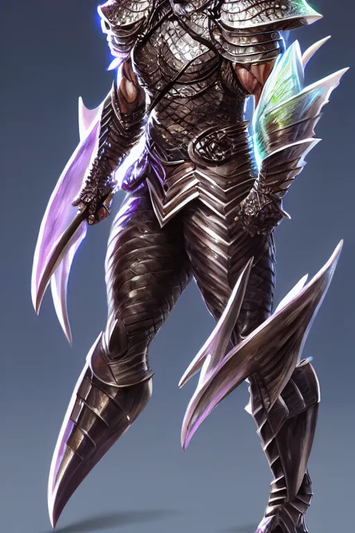 Image similar to Full body character concept art of an anime draconian warrior knight, iridescent scales, cool face, muscular, by Stanley Artgerm Lau, WLOP, Rossdraws, James Jean, Andrei Riabovitchev, Marc Simonetti, and Sakimichan, tranding on artstation