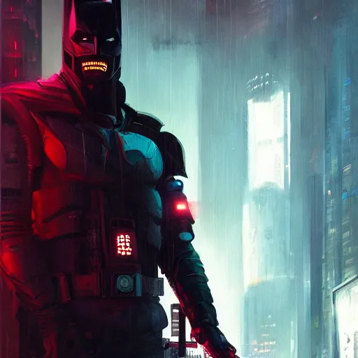 Image similar to cyberpunk batman with fullface mask, red bat, full shot, moody, futuristic, city background, brush strokes, oil painting, greg rutkowski