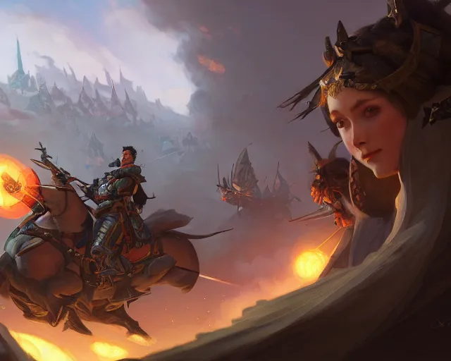 Image similar to cannon battle, deep focus, d & d, fantasy, intricate, elegant, highly detailed, digital painting, artstation, concept art, matte, sharp focus, illustration, hearthstone, art by artgerm and greg rutkowski and alphonse mucha