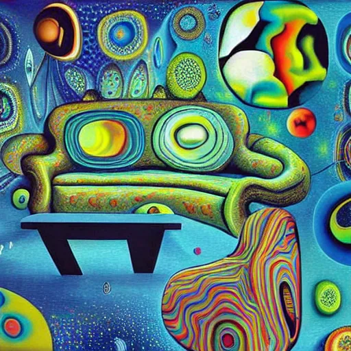 Image similar to psychedelic trippy couch in forest, planets, milky way, sofa, cartoon by salvador dali