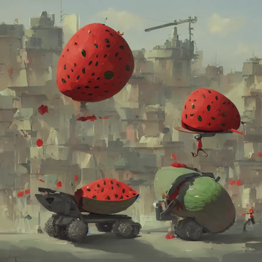 Image similar to Goro Fujita illustrating a watermelon military machine defending a city, art by Goro Fujita, sharp focus, highly detailed, ArtStation