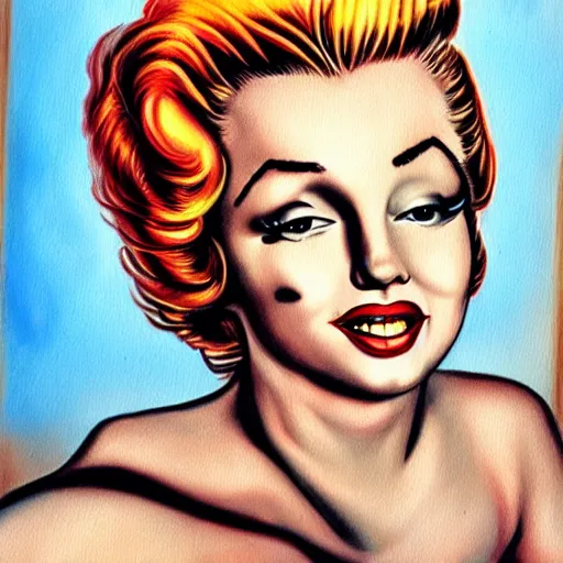 Image similar to beautiful lifelike painting of marilyn monroe on my back, art by ed roth and basil wolverton