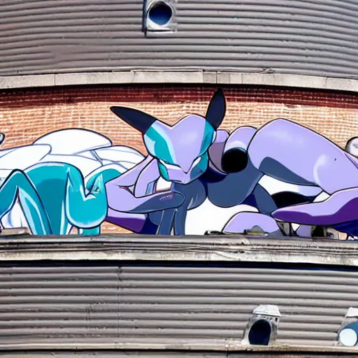 Image similar to MewTwo on top of a water tank in Newark, Pokemon