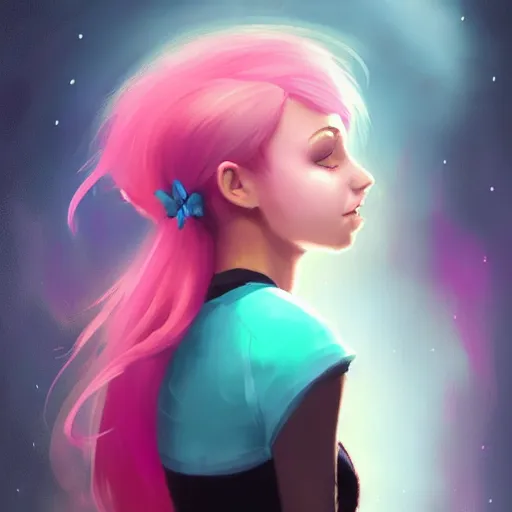 Image similar to colorful and festive captivating teenager girl with pink hair, cyan top crop, black skirt, black leggings, cute look. rich vivid colors, ambient lighting, dynamic lighting, 4 k, atmospheric lighting, painted, intricate, highly detailed by charlie bowater